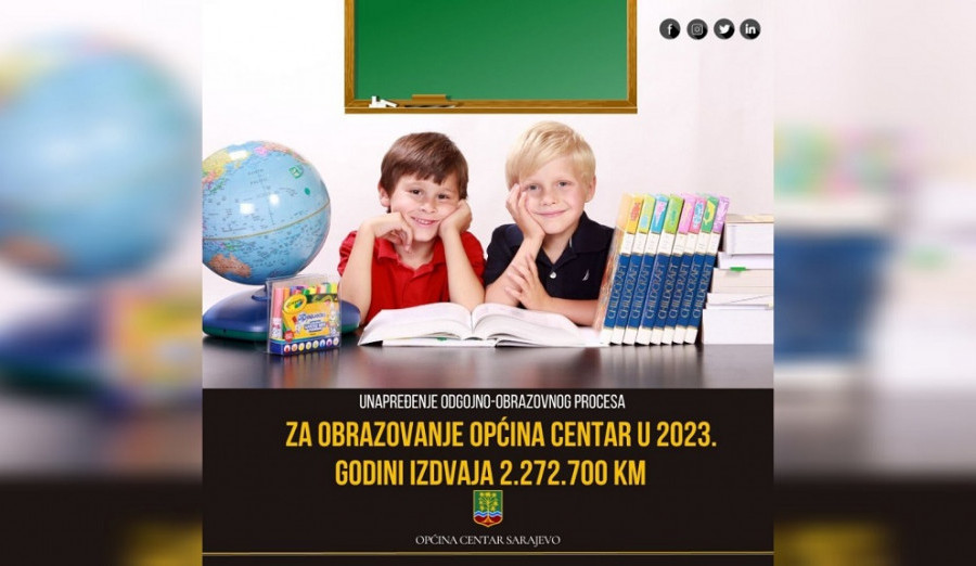 Za obrazovanje Općina Centar u 2023. godini izdvaja 2.272.700 KM