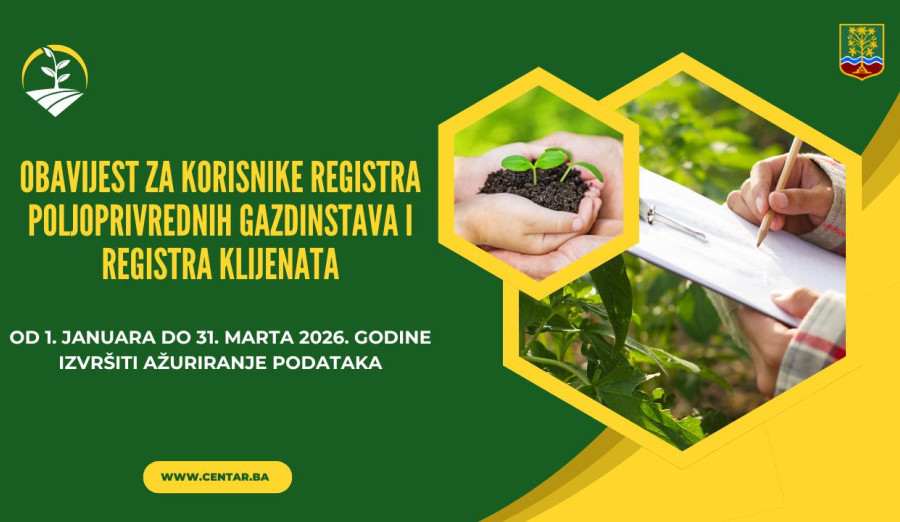 Obavijest za korisnike registra poljoprivrednih gazdinstava i registra klijenata